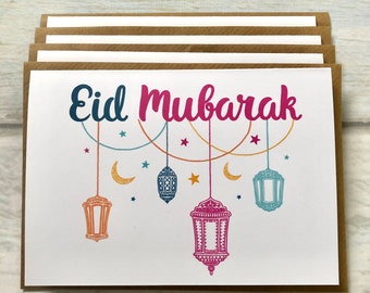 Happy Eid Mubarak Kareem Cards Pack of 4 (Blank Inside) Muslim Greeting