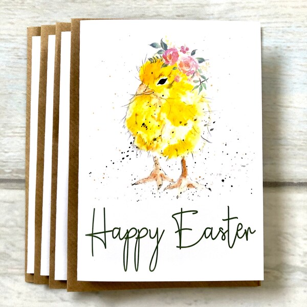Happy Easter Wishes Greeting Cards Pack of 4 (Blank Inside) Spring Holiday Bunnies Chick