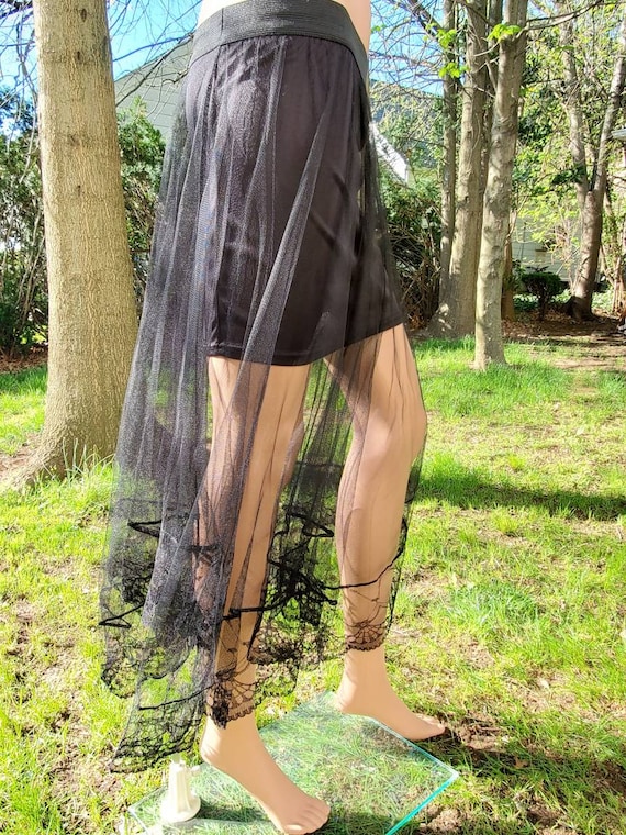 Black Mini Skirt Attached With See Through Sheer Flare Lace Long