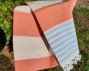 Cotton Turkish Summer Beach Bath Spa Gym Quick Dry Tassel Towel Cover up Coral/Baby Blue