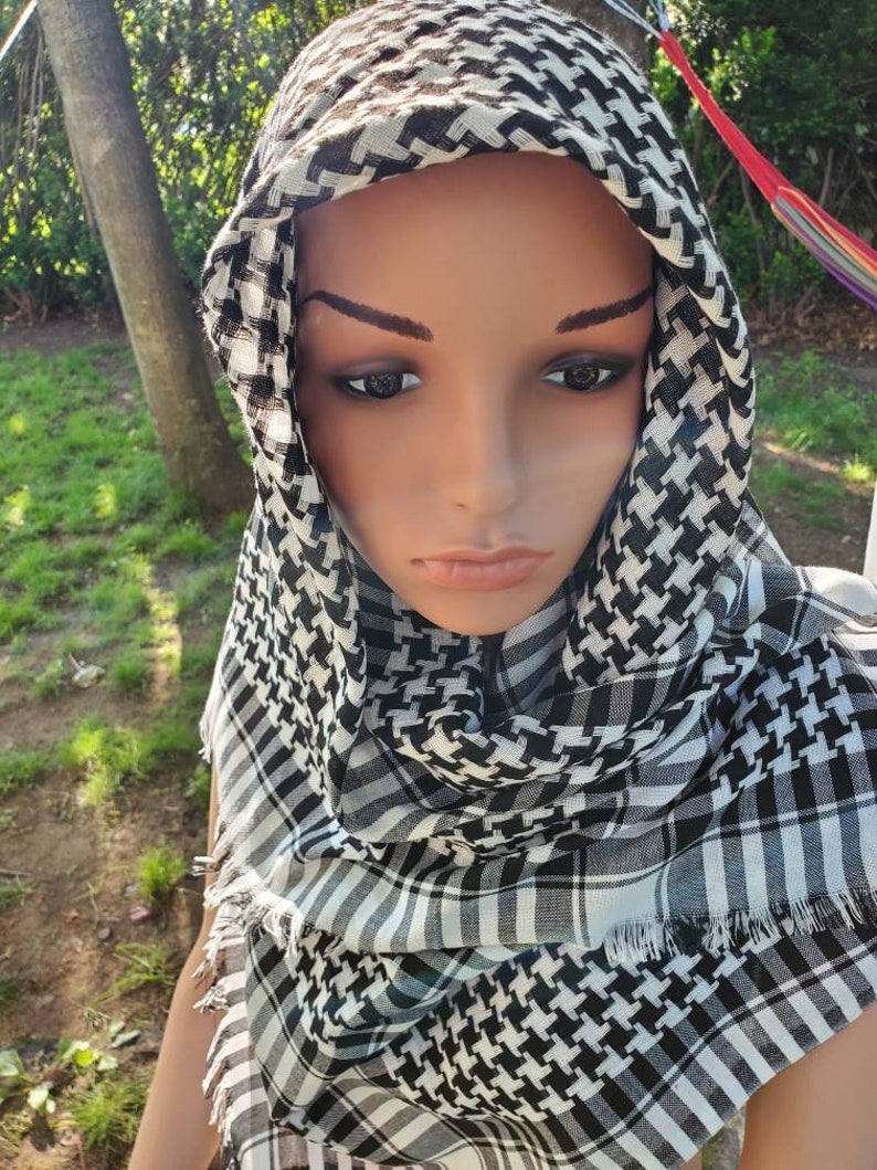 Keffiyeh Palestinian Style Head Wrap Military Scarf Shemagh Desert Scarf Sarong Face Dust/ Sun Protection cover up Shawl Unisex image 6