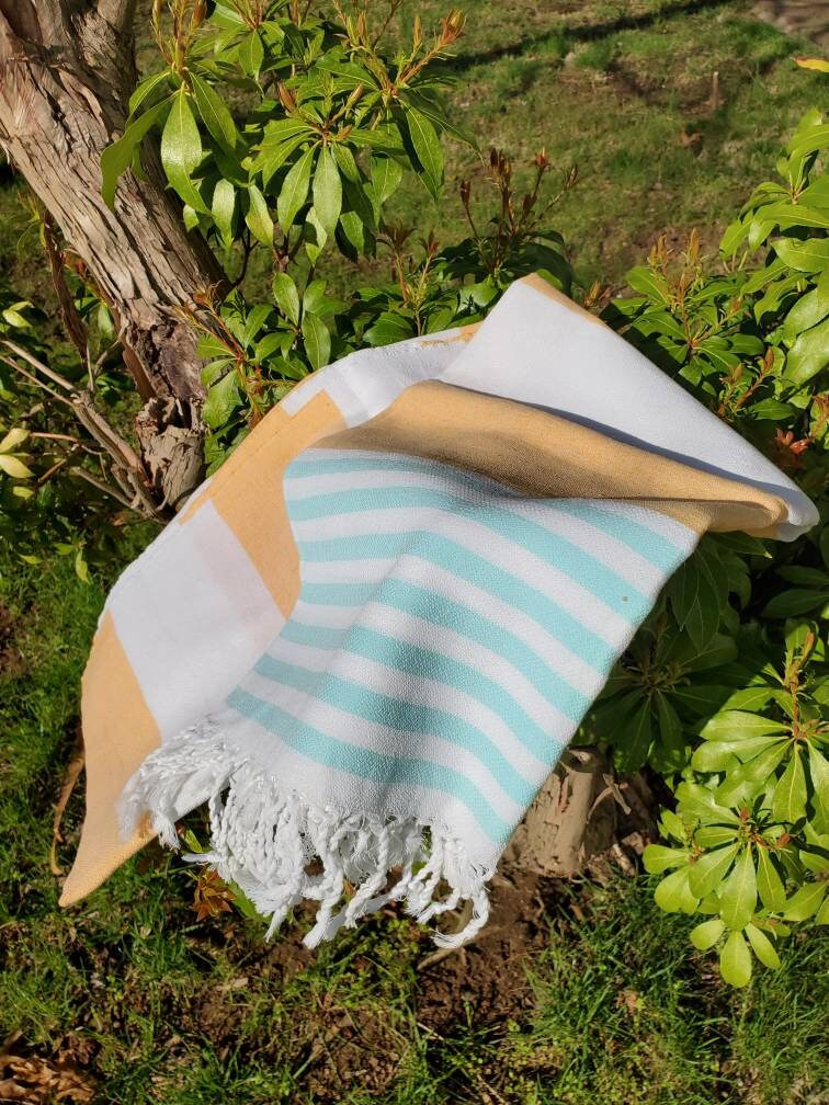 Cotton Turkish Summer Beach Bath Spa Gym Quick Dry  Tassel Towel Bikini Cover up Yellow/ Mint Multi Use Unisex