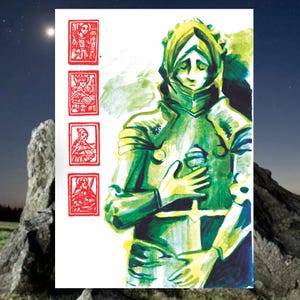 Puede incluir: Ilustración de un caballero con armadura verde sosteniendo una espada, con una serie de imágenes enmarcadas en rojo a la izquierda. El casco y la armadura del caballero están detallados. El fondo es una mezcla de azul y marrón.