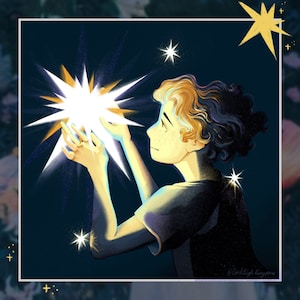 Puede incluir: Una persona con el pelo rizado extiende la mano para sostener una estrella blanca brillante con rayos brillantes. El fondo es azul oscuro con pequeñas estrellas blancas.