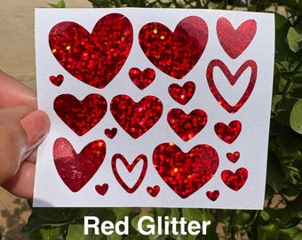 Red Glitter Heart Decals, Assorted Sizes, Waterproof Vinyl Decor
