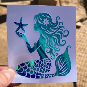 mermaid Holographic vinyl decal for car , mermaid with starfish, mermaid decal, mermaid sticker, mermaid tumbler decal, mermaid swimming,