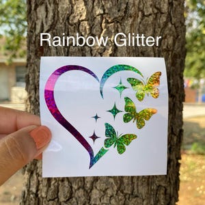 heart with butterflies car decal, Sparkly Heart Butterfly, butterflies sticker, Flutter of Butterflies Heart Love Sticker, Butterfly Love,