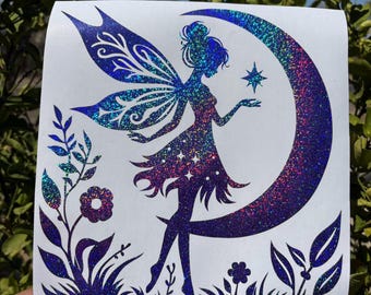 Celestial Fairy Holographic car decal, Stars and Moon magical Pixie fairy Girl sticker,