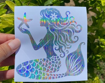 mermaid with a star fish vinyl car decal, siren girl Beach Ocean Decor, laptop sticker