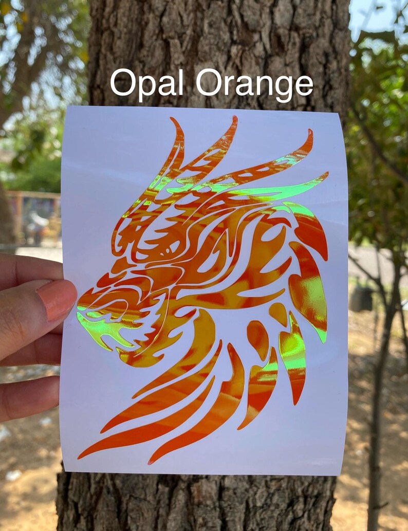 K&ouml;nnte beinhalten: Ein Aufkleber mit einem Drachenkopf in orange und gr&uuml;ner, schillernder Farbe. Der Aufkleber ist auf wei&szlig;em Hintergrund und tr&auml;gt oben die Aufschrift "Opal Orange".