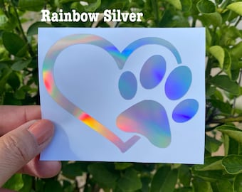 Heart with Dog paw print Holographic vinyl decal, paw print tumbler sticker, heart paw decal, paw print car decal, paw print mug decal,