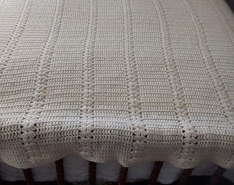 Vintage Hand Crocheted Afghan: Large Beige Throw, Full Size Coverlet