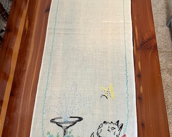 Vintage Hand Embroidered Table Runner Scottie Dog with flowers