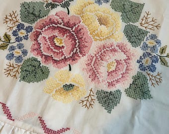 Vintage Cross Stitch Roses Full Size Decorative Sham