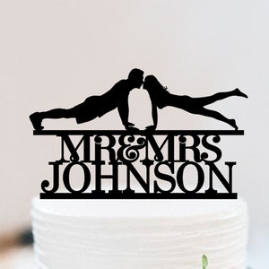 Fitness Wedding Cake Topper | Bodybuilder Couple Wedding Cake Topper | Gym Training Cake Topper | Push-up Mr and Mrs Name Cake Topper W106