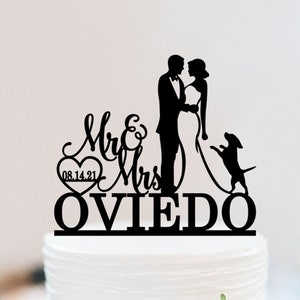Couple Wedding Cake Topper | Mr And Mrs Cake Topper | Bride And Groom Cake Topper With Dog | Wedding Decoration W238