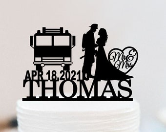 Fire Fighter Wedding Cake Topper |  Personalized Fireman Cake Topper | Mr And Mrs Cake Topper With Fire Fighting Truck  W092