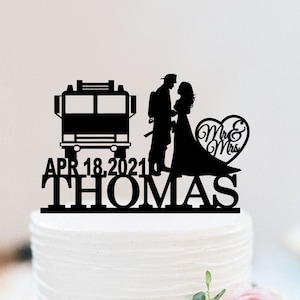 Fire Fighter Wedding Cake Topper |  Personalized Fireman Cake Topper | Mr And Mrs Cake Topper With Fire Fighting Truck  W092