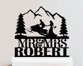 Snowmobile Wedding Cake Topper | Winter Couple Wedding Cake Topper | Snowmobile couple Cake Topper | Mr and Mrs Name Cake Topper W112