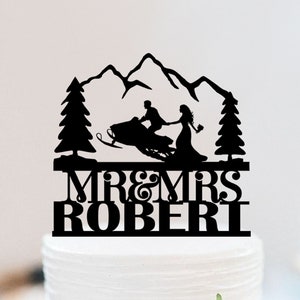 Snowmobile Wedding Cake Topper | Winter Couple Wedding Cake Topper | Snowmobile couple Cake Topper | Mr and Mrs Name Cake Topper W112
