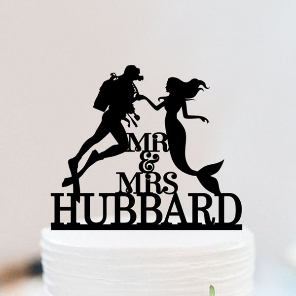 Scuba Diver And Mermaid Wedding Cake Topper | Mr And Mrs Cake Topper | Scuba Diving Cake Topper | Custom Cake Topper W072