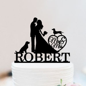 Couple Wedding Cake Topper | Bride And Groom Cake Topper With Dog | Personalized Mr And Mrs Cake Topper | Pet Cake Topper W093