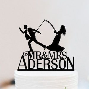Fishing Wedding Cake Topper | Bride Fishing Groom Funny Cake Topper | Mr And Mrs Custom Cake Topper Silhouette Wedding Decoration W044