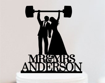 Levantamiento de pesas Pastel de boda Topper / Fitness Couple Wedding Cake Topper / Gym Bride And Groom Cake Topper / Mr and Mrs Name Cake Topper W096