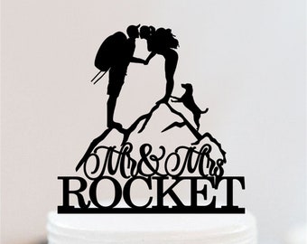 Hiking Couple Wedding Cake Topper | Backpacking Bride And Groom Cake Topper | Personalized Mr And Mrs mountain Cake Topper W089