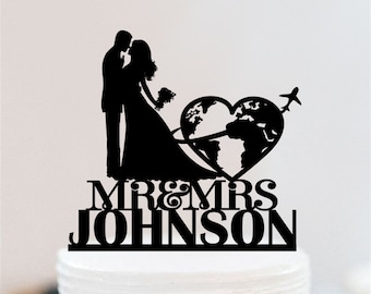 Travel Wedding Cake Topper | Bride And Groom Travel Theme Cake Topper  | Personalized Mr And Mrs Airplane Cake Topper W098