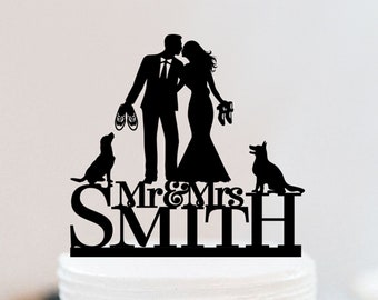 Bride And Groom Cake Topper ,Mr Mrs  Wedding Cake Topper With Dog,Personalized Cake Topper,Wedding Cake Topper,Engagement Cake Topper W030