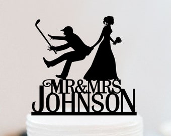 Funny Wedding Cake Topper,Golf Cake Topper,Bride Dragging Groom,Golf Wedding,Golf Bride And Groom Cake Topper,Mr Mrs Cake Topper W035