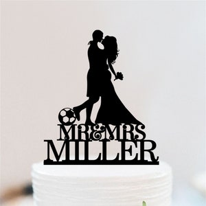 Kiss Couple Cake Topper With Soccer | Mr And Mrs Football Cake Topper | Soccer Player Cake Topper | Wedding Decor W057