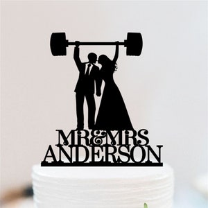 Weight lifting Wedding Cake Topper | Fitness Couple Wedding Cake Topper | Gym Bride And Groom Cake Topper | Mr and Mrs Name Cake Topper W096