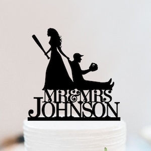 Funny Cake Topper,Bride And Groom Wedding Cake Topper,Baseball Cake Topper,Bride Dragging Play Baseball Groom,Mr Mrs Cake Topper W038