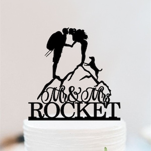 Hiking Couple Wedding Cake Topper | Backpacking Bride And Groom Cake Topper | Personalized Mr And Mrs mountain Cake Topper W089