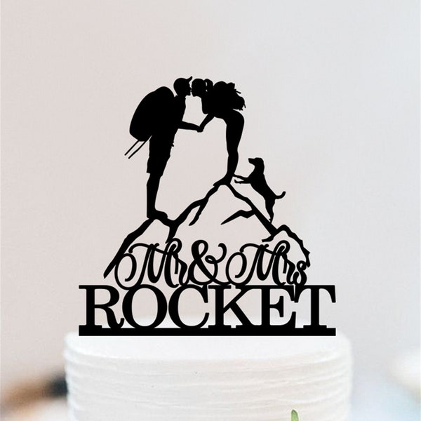 Hiking Couple Wedding Cake Topper | Backpacking Bride And Groom Cake Topper | Personalized Mr And Mrs mountain Cake Topper W089