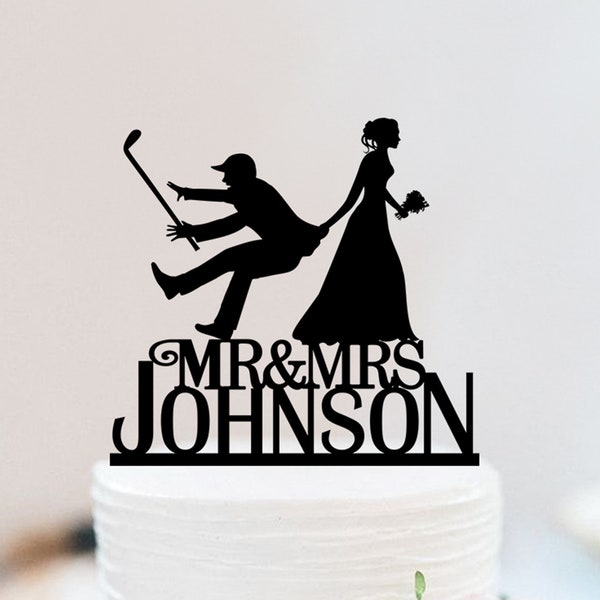 Funny Wedding Cake Topper,Golf Cake Topper,Bride Dragging Groom,Golf Wedding,Golf Bride And Groom Cake Topper,Mr Mrs Cake Topper W035