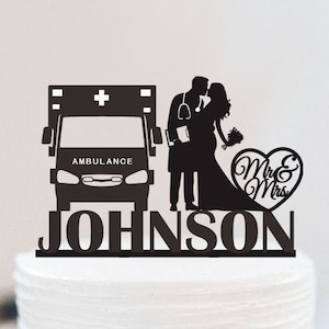Doctor Wedding Cake Topper |  Ambulance car Cake Topper  | Doctor Theme Cake Decoration | Personalized Mr And Mrs Cake Topper W127