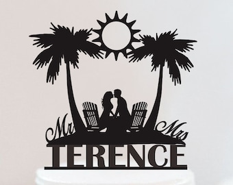 Décoration tropicale pour gâteau de mariage | Décoration pour gâteau Hawaï palmier | Décoration pour gâteau de voyage sur la plage | Décoration de gâteau Mr et Mme W234