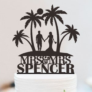 Beach Wedding Cake Topper | Palm Tree Hawaii Wedding Cake Topper | Bride And Groom Cake Topper | Mr And Mrs Cake Topper W232