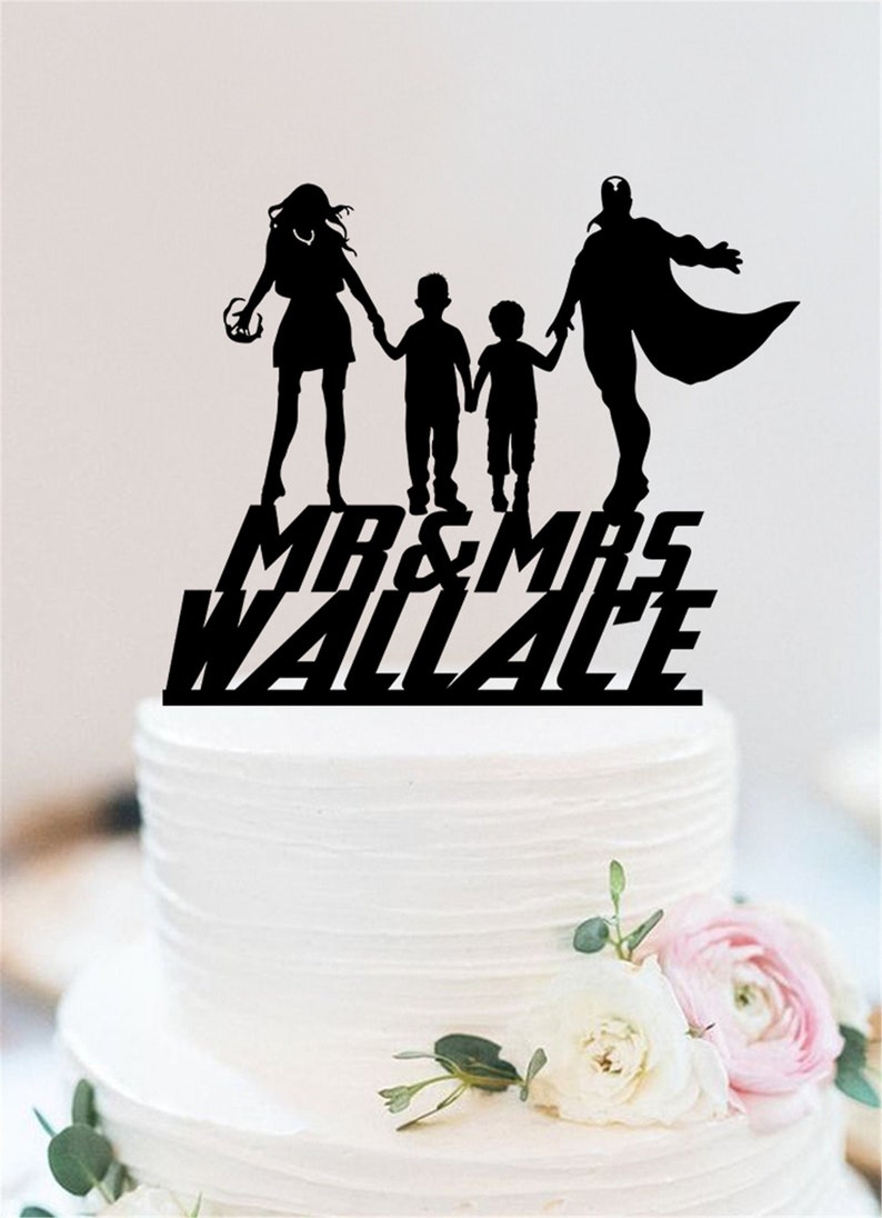 Super Hero Wedding Cake Topper With Kids,  Wanda And Vision Cake Topper,  Avenger Custom Cake Topper,  Bride And Groom Cake Topper, Marvel Heroes