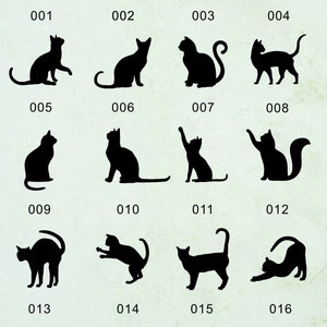 May include: A set of 20 black silhouette images of cats in various poses. The images are numbered 001 through 020.