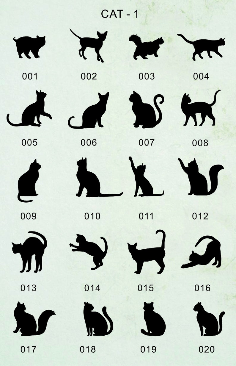 May include: A set of 20 black silhouette images of cats in various poses. The images are numbered 001 through 020.