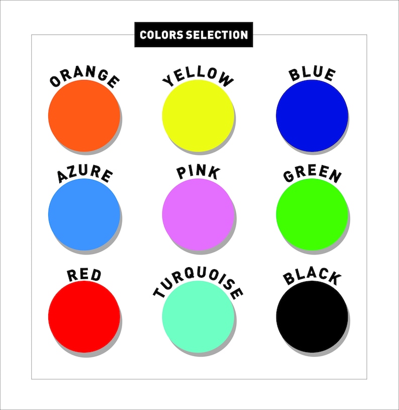 Może przedstawiać: Białe tło z czarnym prostokątem na g&oacute;rze z napisem "COLORS SELECTION". Poniżej dziewięć kolorowych k&oacute;ł: pomarańczowy, ż&oacute;łty, niebieski, lazurowy, r&oacute;żowy, zielony, czerwony, turkusowy i czarny. Każde koło ma nad nim nazwę koloru.