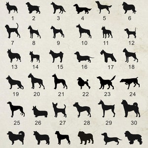 Może przedstawiać: Zbi&oacute;r 36 czarnych sylwetek ps&oacute;w, każda ponumerowana, na beżowym tle. Obraz jest oznaczony jako "DOG-1". R&oacute;żne rasy są reprezentowane, oferując r&oacute;żnorodny wyb&oacute;r do projektowania lub personalizacji.