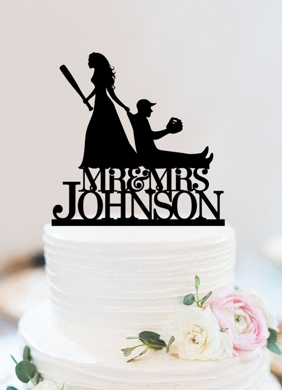 Topper Per Torta Nuziale A Tema Baseball - Coppia Sposi Che Giocano A Baseball - Decorazione Acrilica Per Matrimonio, Anniversario