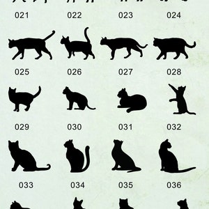 May include: A set of 20 black silhouette images of cats in various poses. The images are numbered from 021 to 040.