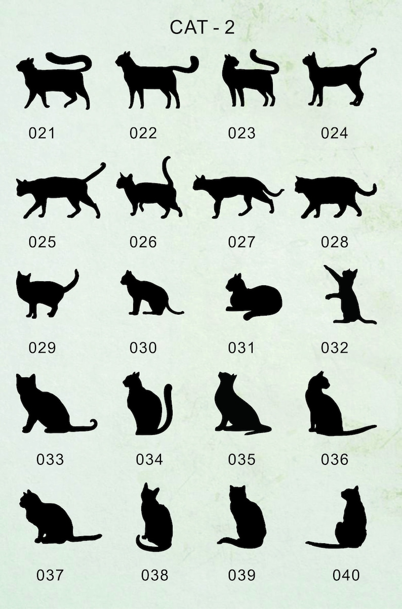 May include: A set of 20 black silhouette images of cats in various poses. The images are numbered from 021 to 040.