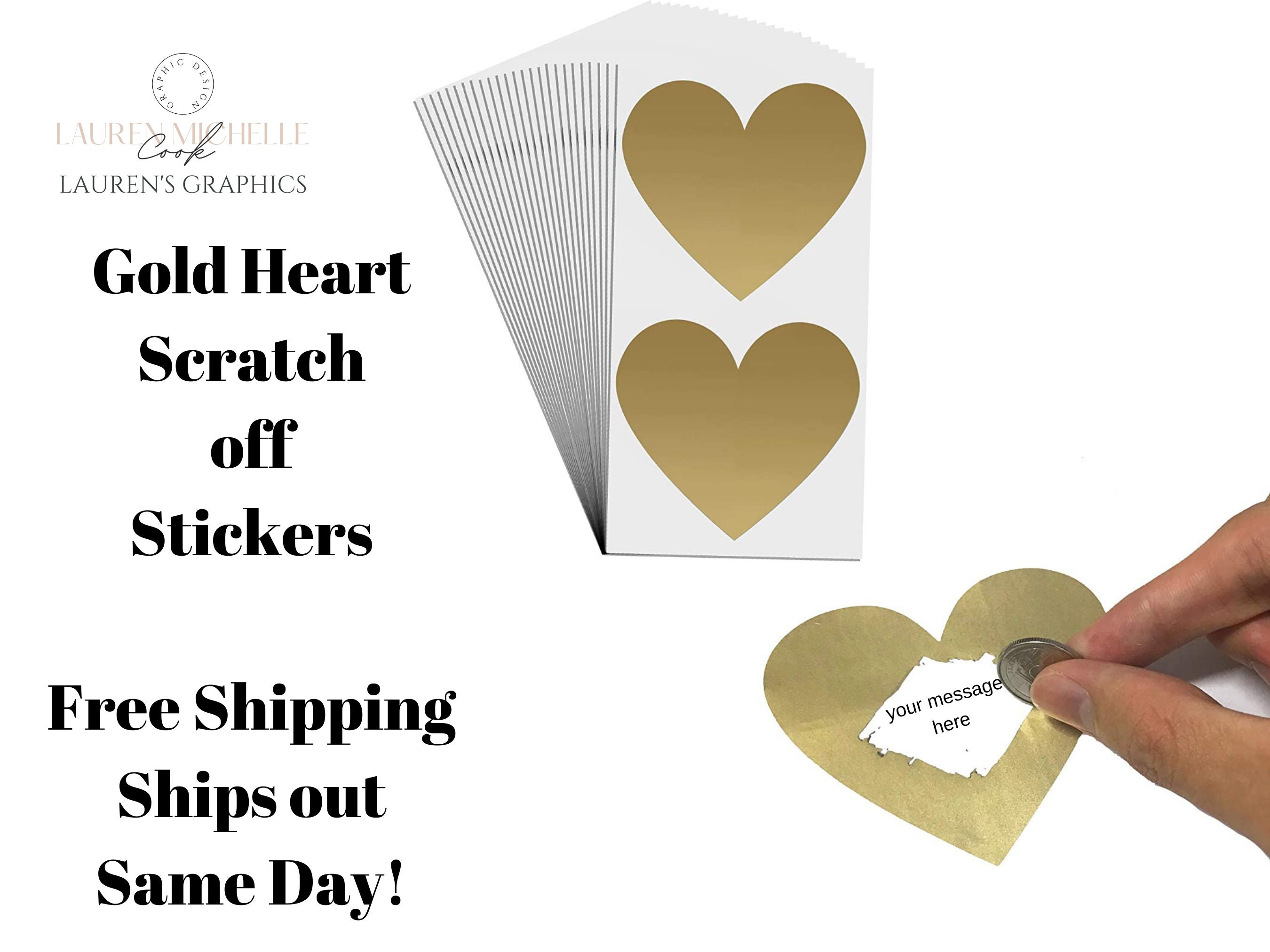 3 Heart Scratch off Stickers Labels Gold or Silver Options Great